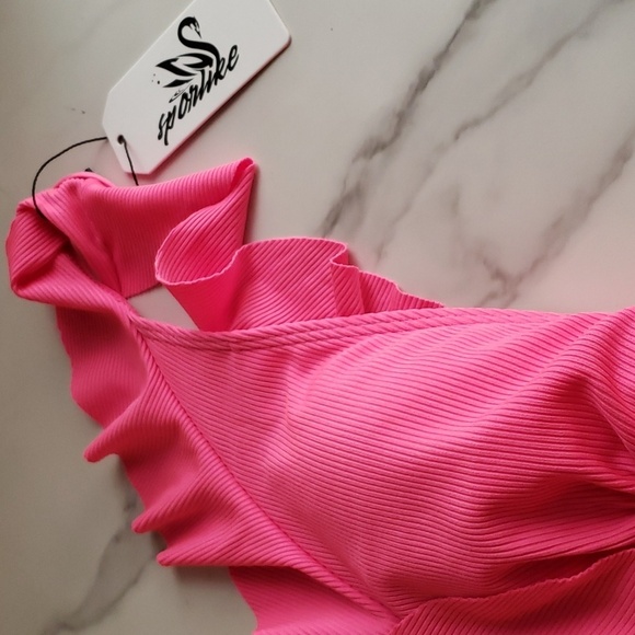 SPORLIKE Ruffle High Waist Swimsuit in Hot Pink with an Animal Print Size M - Picture 6 of 10